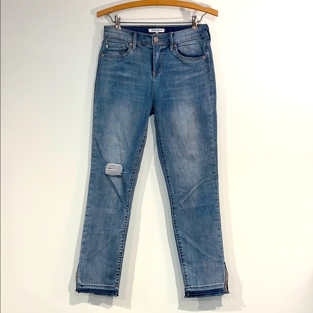 DEAR JOHN Straight Jeans Raw Hem Distressed Palm Spring Light Wash Denim EUC